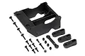 HPI Racing steering servo mount set including a black plastic mount, various screws, ball studs, a linkage rod, and three servo horns labeled 23, 24, and 25.