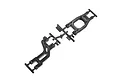 Two black plastic RC car suspension arms still attached to their plastic sprue frame.