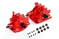 Two Rovan red anodized aluminium RC gearbox housings with included black metal screws on a white background.