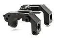 A black plastic front upright set for an HPI RC car, shown from a low angle against a white background.