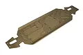 A gold-anodized aluminum main chassis plate for the Losi 5IVE-T RC vehicle, shown from an elevated angle on a white background.