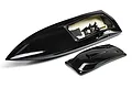 A glossy black RC boat hull and matching canopy set, shown from an elevated angle against a white background.