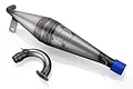 Olimat Engineering non-silenced exhaust pipe set for RC Baja 5T/5SC, featuring a raw metal tuned pipe and curved header with a blue silicone coupler.
