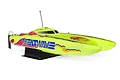 A bright yellow Pro Boat Blackjack 24-inch catamaran RC speed boat with Heatwave branding, displayed on a black stand against a white background.