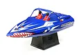 Pro Boat Sprint Jet 9 inch RC speed boat in blue with shark teeth graphics, sitting on a black display stand against a white background.