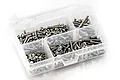 A clear plastic storage box filled with various sizes of stainless steel RC screws and nuts on a white background.