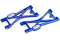 A pair of blue anodized aluminium rear lower suspension arms for an HSP RC car, featuring a machined triangular design with silver chamfered edges.