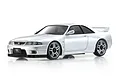 A silver Kyosho Mini-Z Nissan Skyline GT-R R33 painted body shell shown from a front three-quarter angle on a white background.