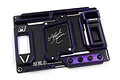 A black and purple aluminium setup station tray by Yeah Racing, featuring Atsushi Hara branding and signature.