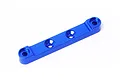 A blue anodized aluminum front upper suspension arm pin mount for an RC car, shown against a plain white background.