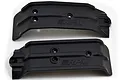Two black RPM RC skid plates for front and rear chassis protection, featuring molded RPM branding and screw holes on a white background.