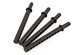Four black plastic RC car body posts arranged in a fan shape against a white background.