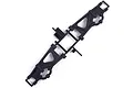 A pair of black plastic RC front lower suspension arms still attached to their original sprue tree on a white background.