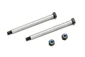 Two long metal hinge screws and two matching nylon lock nuts for RC suspension, isolated on a white background.