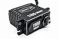 A black Reefs RC 1100 Smart brushless metal gear servo with a black aluminium case and white branding on a white background.