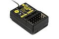 FlySky FGr8B 8-channel 2.4GHz micro receiver for RC models, featuring a black plastic case with yellow labels and gold-plated connection pins.