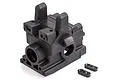 A black plastic HSP gearbox case set for an RC car, featuring a main housing and two small mounting brackets on a white background.