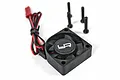 Yeah Racing Tornado Plus 30mm cooling fan with black housing, carbon fiber style center decal, red and black wires, and four mounting screws.