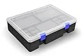 A rectangular Koswork tool box with a black base and a translucent lid, featuring two blue plastic latches on the front.