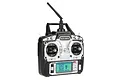FlySky FS-T6 6-channel 2.4GHz RC transmitter with a digital display screen, control sticks, switches, and an antenna, shown against a white background.