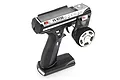 FlySky FS-GT3C 2.4GHz 3-channel pistol grip RC transmitter in black with a silver steering wheel and digital display screen.