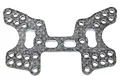 A flat, grey carbon fibre rear shock tower for an RC car with multiple mounting holes and slots, isolated on a white background.