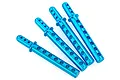 Four blue anodized aluminium RC car body posts with multiple adjustment holes, arranged diagonally on a white background.