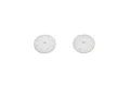 Two white circular RC shock pistons with eight small holes arranged in a ring, shown against a plain white background.