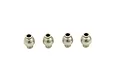 Four silver-coloured metal pivot balls for RC suspension, arranged in a horizontal row against a white background.
