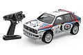 MJX Hyper Go 1/14 scale RC rally car with Lancia Delta style body and included pistol-grip remote controller on a white background.