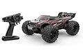 MJX 16210 V2 1/16 scale RC truggy in black and red with its pistol-grip remote control transmitter on a white background.