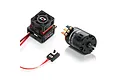 Hobbywing QuicRun 10BL60 ESC with cooling fan and 3650 brushless motor combo on a white background.