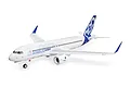 A studio shot of the E-Flite Airbus A320neo 1.5m RC plane, featuring a white fuselage with blue Airbus branding and twin EDF engines.