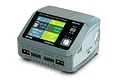 SkyRC D200 Neo dual-port smart charger showing battery charging data on its color display screen.