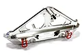 Silver aluminium Integy V2 rear bumper with integrated spare wheel rack for RC crawler on white background.