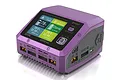 SkyRC Q200 Neo quad-port smart charger in purple with a color display showing charging status for multiple battery channels.