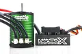 Castle Creations 1406 sensored brushless motor in green and Mamba X electronic speed controller side by side on a white background.