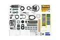 Tamiya RC Electric Actuator Set for 1/14 scale tow truck, including motor, control unit, wiring, metal parts, screws, and instruction stickers.