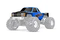 A blue and black pre-painted Chevrolet GMT400 monster truck body shell for a Traxxas RC vehicle, shown mounted on a chassis with large tires.