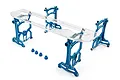 Yeah Racing 1/10 scale aluminium setup system in blue, featuring four upright stands, a clear acrylic top plate, and four small blue wheel nuts.
