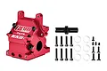 A red anodized aluminium GPM Racing gearbox housing for RC cars, shown with included black screws, washers, and a small black drive component.