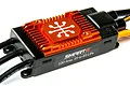 Spektrum Avian 100A brushless electronic speed controller with an orange anodized aluminum heatsink and black plastic casing on a white background.