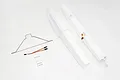 FMS RC plane float set including two white foam floats, a metal wire landing gear strut, servo extension cables, and small mounting hardware.