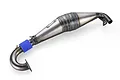 Olimat Engineering 45cc 2-piece non-silenced exhaust pipe for RC engines, featuring a raw steel finish with visible welds and a blue silicone coupler.