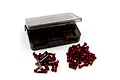 A Yeah Racing screw set for Tamiya TT-02 featuring red anodized aluminium screws and some silver titanium screws in a plastic storage case.