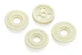 A set of four off-white plastic RC car drive gears of varying sizes arranged on a white background.