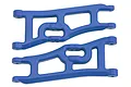 A pair of blue RPM wide front lower suspension arms for RC vehicles, shown against a white background.