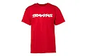 A red Traxxas short-sleeve t-shirt with the white Traxxas logo printed on the chest, isolated on a white background.