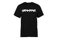A black short-sleeved t-shirt featuring the white Traxxas logo printed on the chest, isolated against a white background.