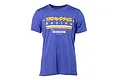 A blue heather Traxxas Racing t-shirt with yellow and white graphic print on the chest, displayed against a white background.